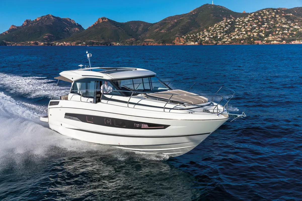 Exterior view of Black Pearl, a Jeanneau NC 37 motorboat at Makarska, Croatia