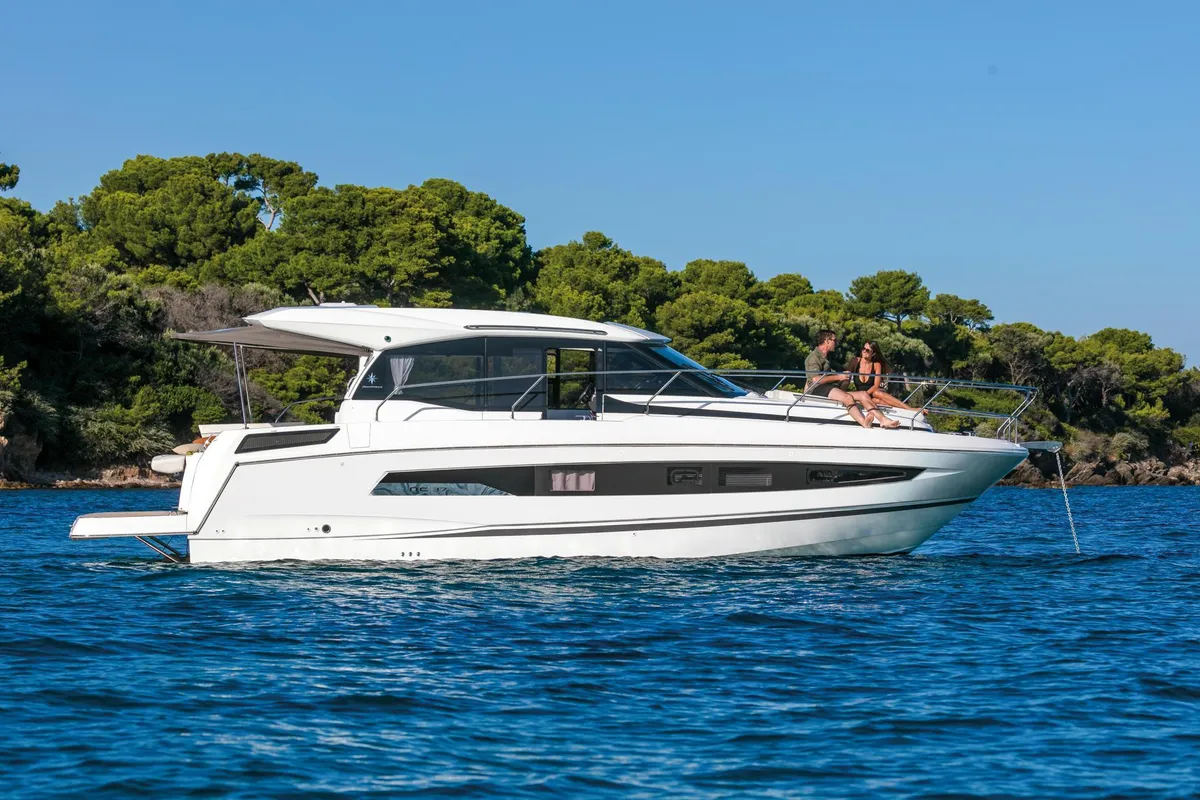 Exterior view of Black Pearl, a Jeanneau NC 37 motorboat at Makarska, Croatia