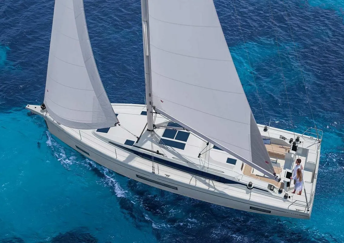 Exterior view of CJ, a Bavaria Cruiser 46 sailboat at Municipal Unit of Lefkada, Greece