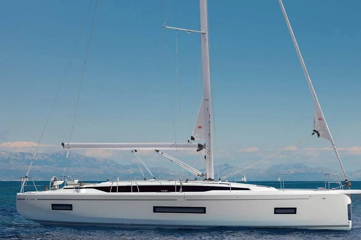 Exterior view of CJ, a Bavaria Cruiser 46 sailboat at Municipal Unit of Lefkada, Greece