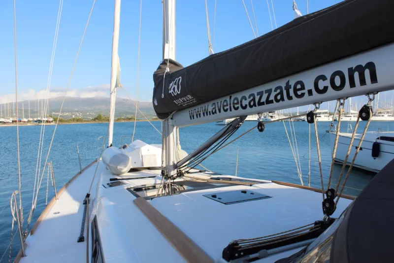 Deck of Why not 13, a Dufour 460 Grand Large sailboat at Municipal Unit of Lefkada, Greece