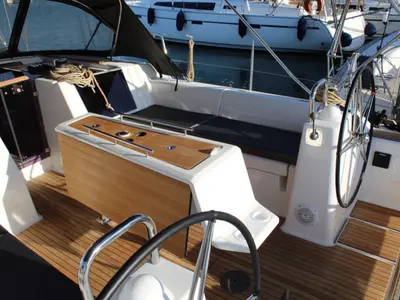 Cockpit of Why not 13, a Dufour 460 Grand Large sailboat at Municipal Unit of Lefkada, Greece