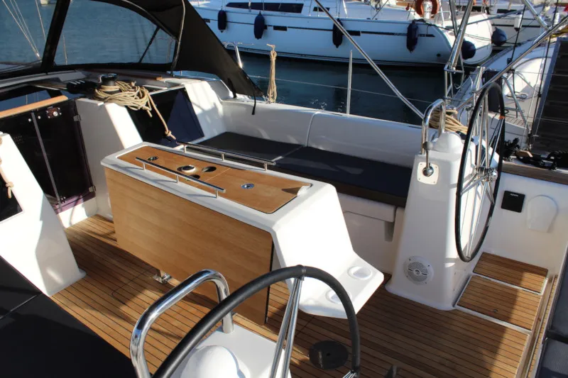 Cockpit of Why not 13, a Dufour 460 Grand Large sailboat at Municipal Unit of Lefkada, Greece