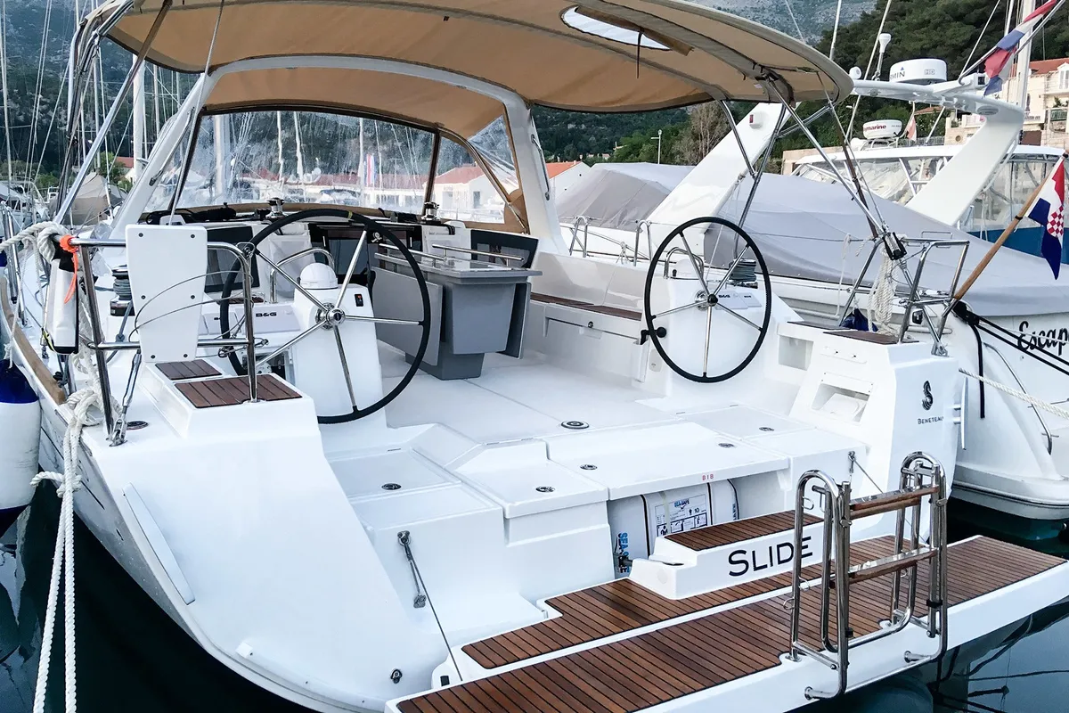 Deck of Slide, a Beneteau Oceanis 45 sailboat at Tivat, Montenegro