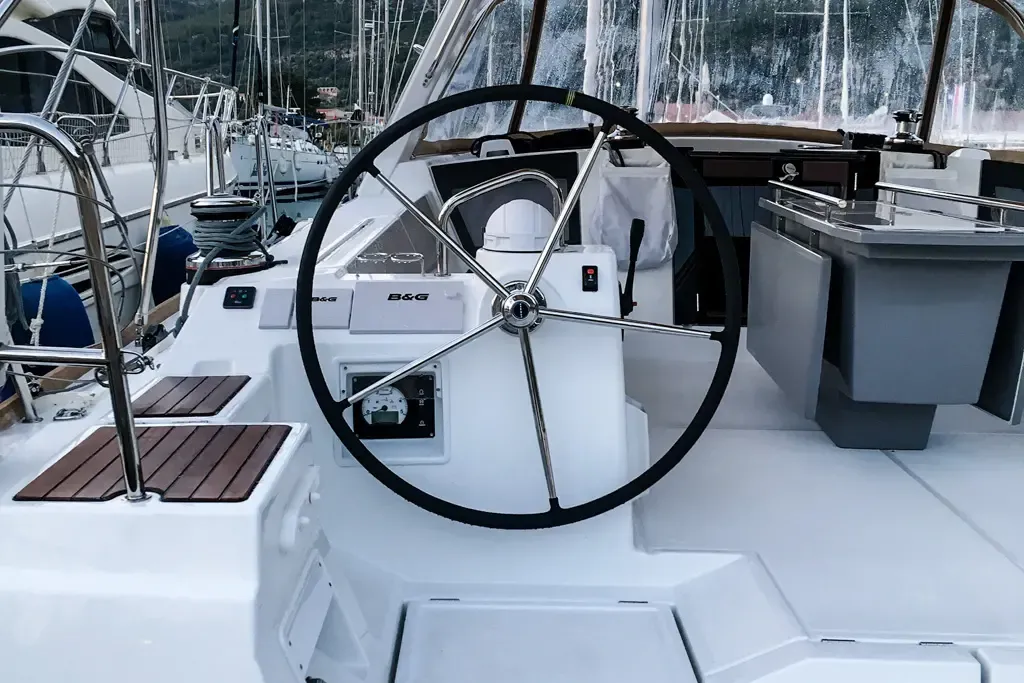 Cockpit of Slide, a Beneteau Oceanis 45 sailboat at Tivat, Montenegro