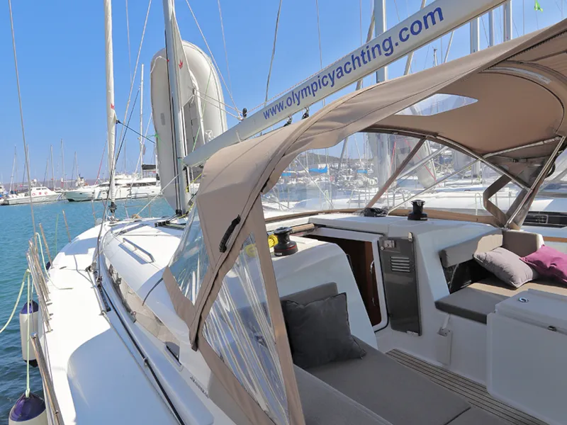 Deck of Ermis, a Jeanneau Sun Odyssey 440 sailboat at Lavreotiki Municipal Unit, Greece