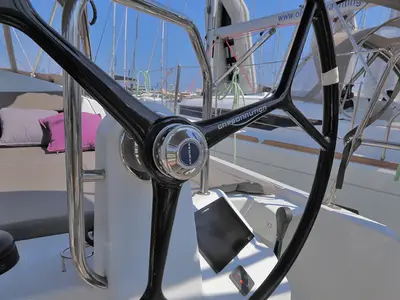 Cockpit of Ermis, a Jeanneau Sun Odyssey 440 sailboat at Lavreotiki Municipal Unit, Greece