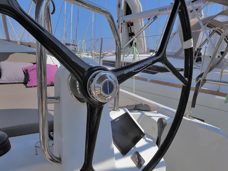 Cockpit of Ermis, a Jeanneau Sun Odyssey 440 sailboat at Lavreotiki Municipal Unit, Greece