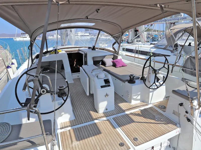 Cockpit of Ermis, a Jeanneau Sun Odyssey 440 sailboat at Lavreotiki Municipal Unit, Greece