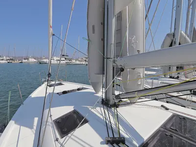 Deck of Ermis, a Jeanneau Sun Odyssey 440 sailboat at Lavreotiki Municipal Unit, Greece