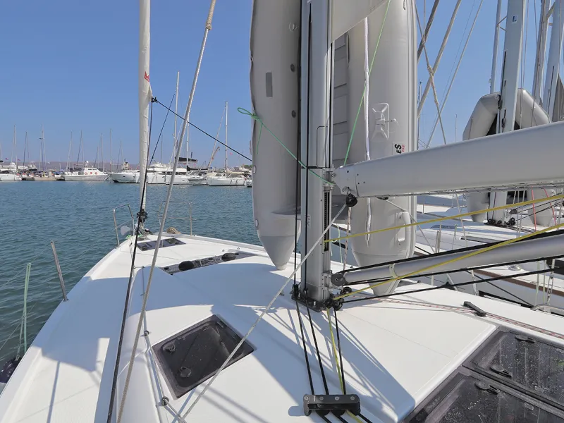Deck of Ermis, a Jeanneau Sun Odyssey 440 sailboat at Lavreotiki Municipal Unit, Greece
