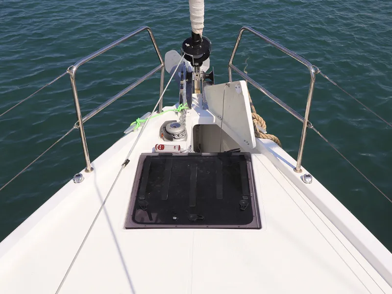 Deck of Ermis, a Jeanneau Sun Odyssey 440 sailboat at Lavreotiki Municipal Unit, Greece