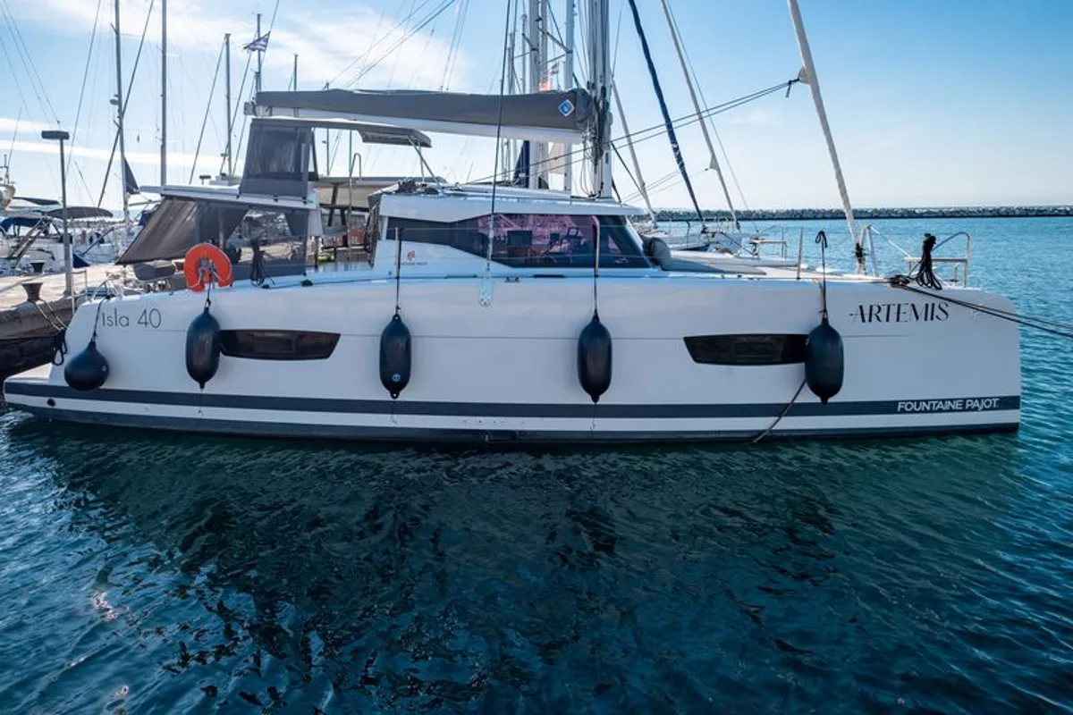 Exterior view of Artemis, a Fountaine Pajot Isla 40 catamaran at Municipal Unit of Lefkada, Greece