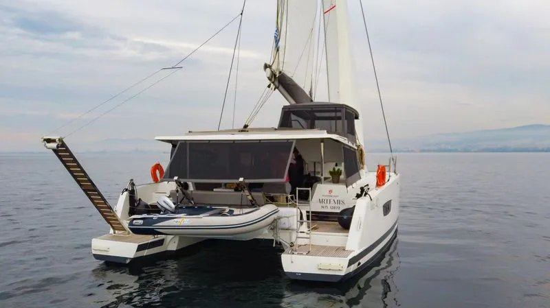 Exterior view of Artemis, a Fountaine Pajot Isla 40 catamaran at Municipal Unit of Lefkada, Greece