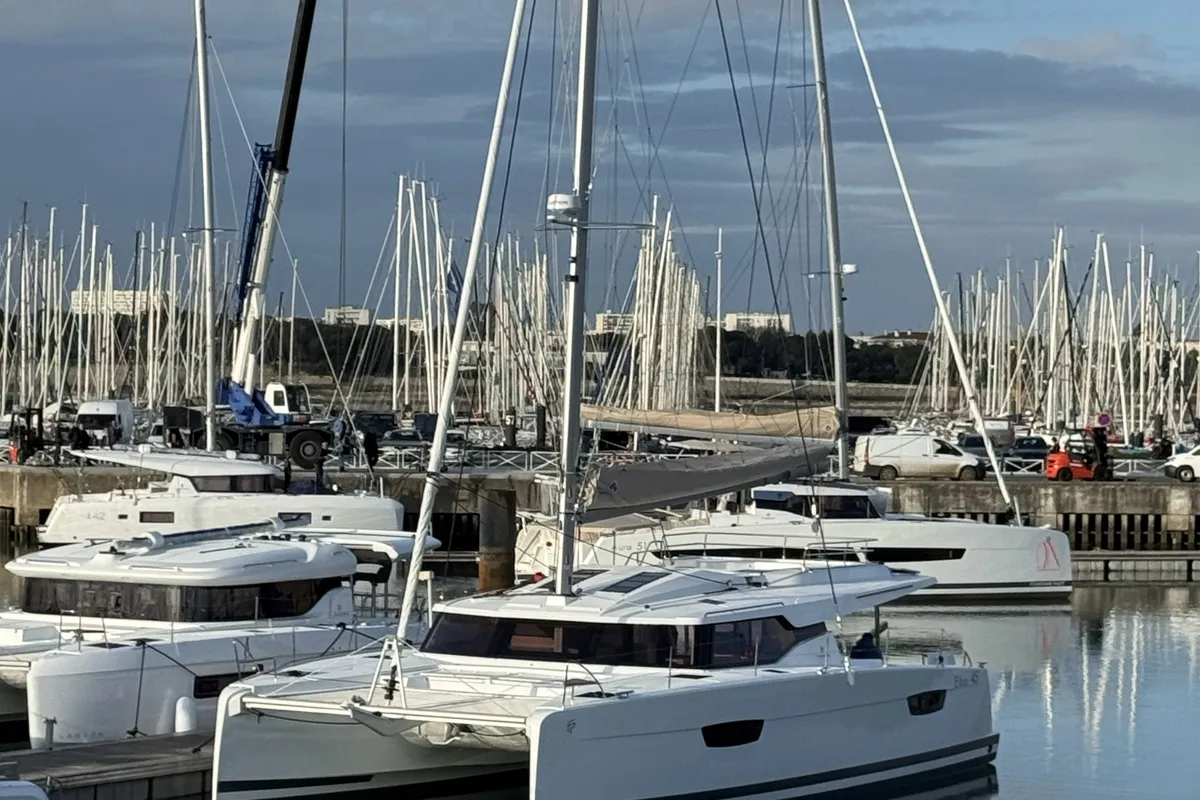 Exterior view of Pretty Penny, a Fountaine Pajot Elba 45 catamaran at Road Town, British Virgin Islands