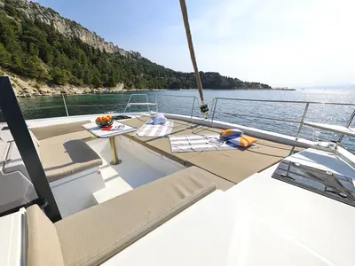 Deck of Clair de Lune, a Bali 4.2 catamaran at Grad Kaštela, Croatia