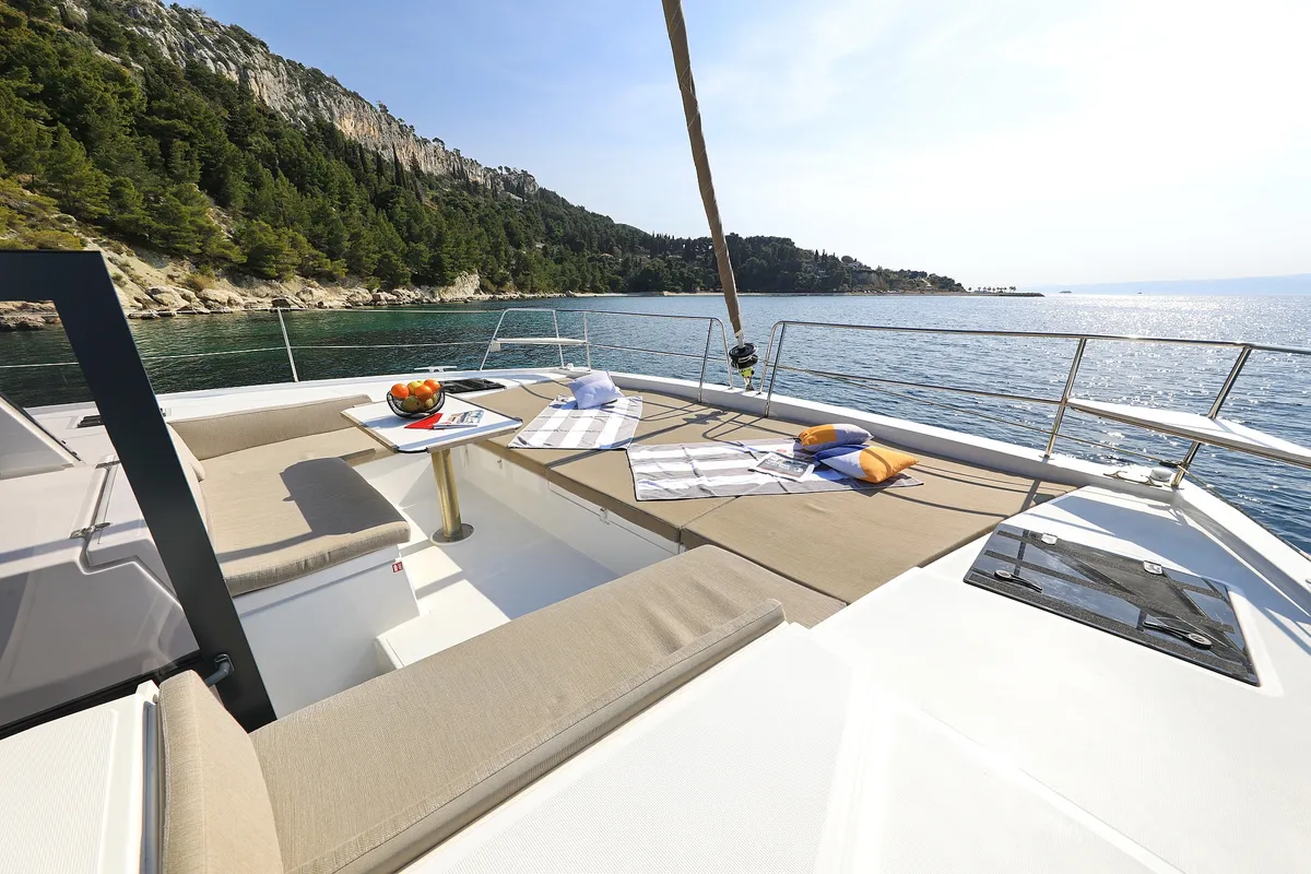 Deck of Clair de Lune, a Bali 4.2 catamaran at Grad Kaštela, Croatia