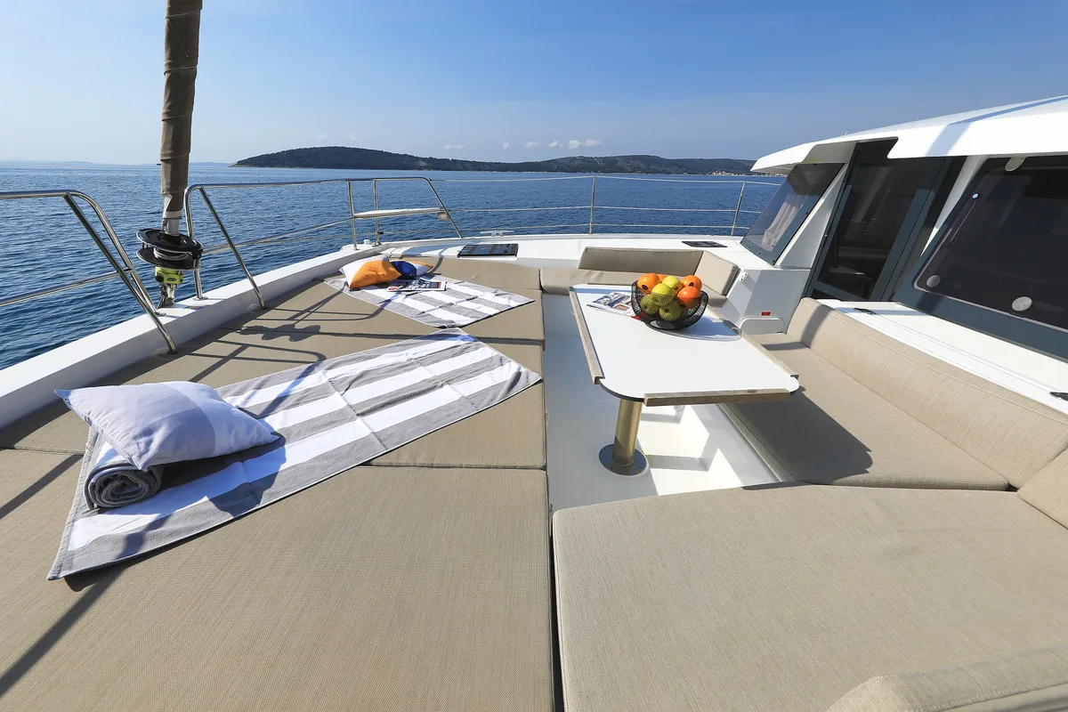 Deck of Clair de Lune, a Bali 4.2 catamaran at Grad Kaštela, Croatia