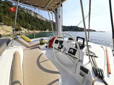 Cockpit of Clair de Lune, a Bali 4.2 catamaran at Grad Kaštela, Croatia
