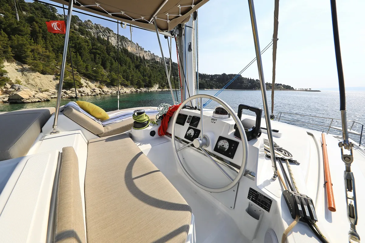 Cockpit of Clair de Lune, a Bali 4.2 catamaran at Grad Kaštela, Croatia