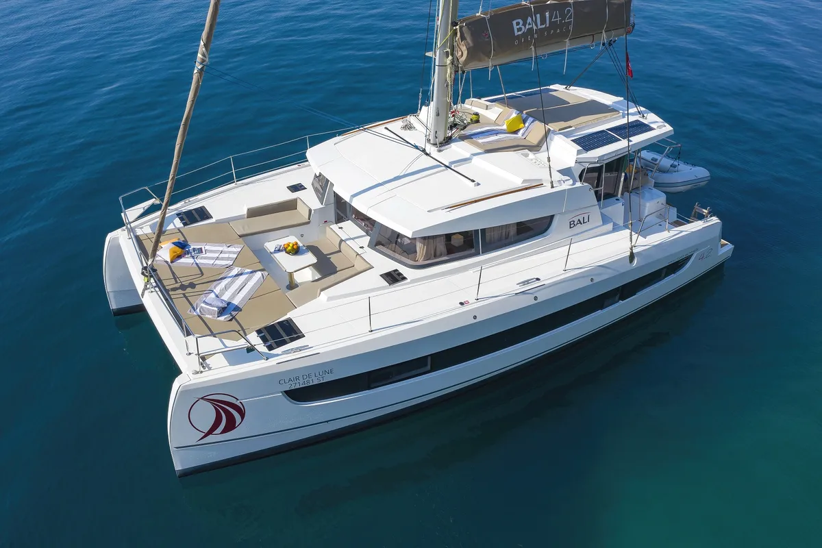 Exterior view of Clair de Lune, a Bali 4.2 catamaran at Grad Kaštela, Croatia