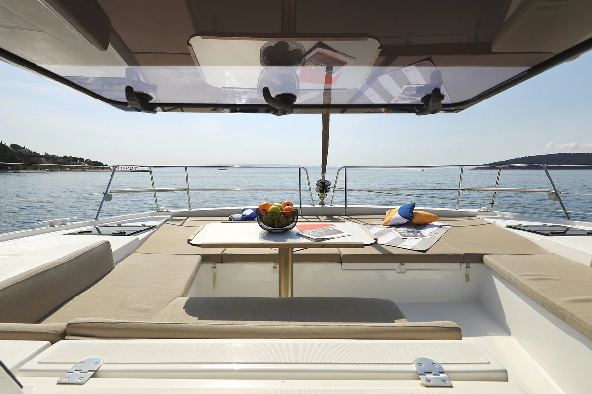 Deck of Clair de Lune, a Bali 4.2 catamaran at Grad Kaštela, Croatia