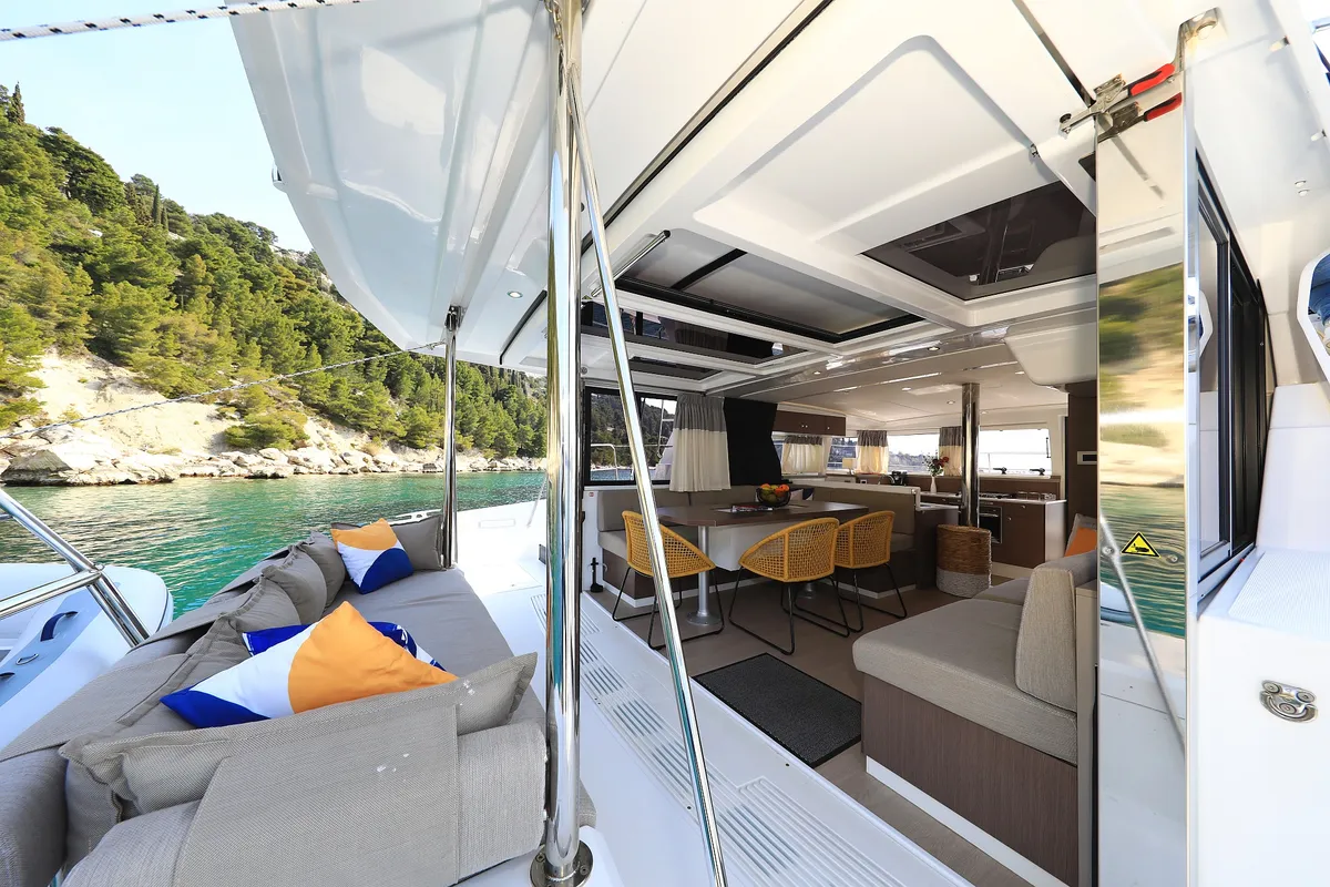 Deck of Clair de Lune, a Bali 4.2 catamaran at Grad Kaštela, Croatia