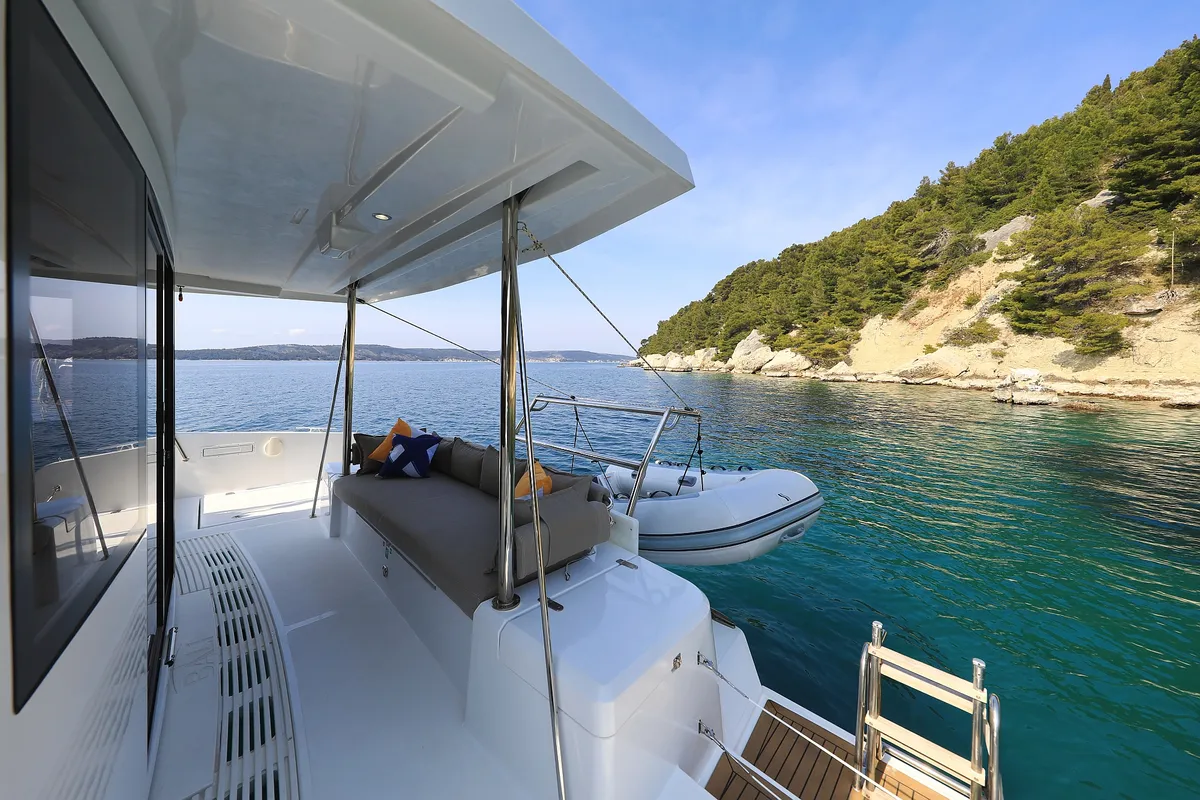 Deck of Clair de Lune, a Bali 4.2 catamaran at Grad Kaštela, Croatia