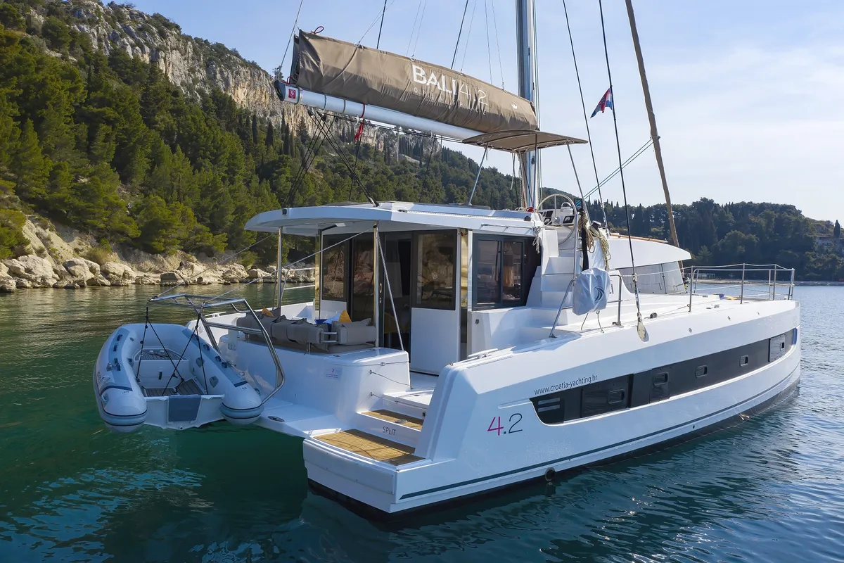 Exterior view of Clair de Lune, a Bali 4.2 catamaran at Grad Kaštela, Croatia