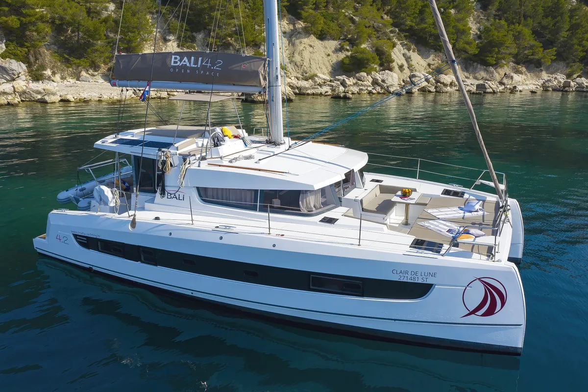 Exterior view of Clair de Lune, a Bali 4.2 catamaran at Grad Kaštela, Croatia