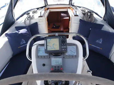 Cockpit of Sea Star, a Bavaria 32 sailboat at Primošten, Croatia