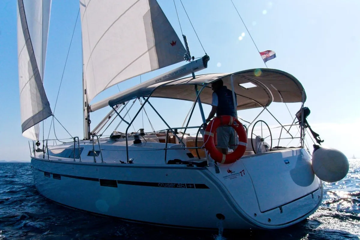 Exterior view of MH 80, a Bavaria Cruiser 46 sailboat at Murter, Croatia