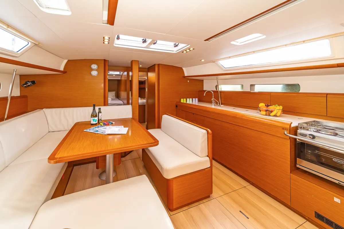 Salon of Aurelia, a Jeanneau Sun Odyssey 479 sailboat at Municipal Unit of Rhodes, Greece