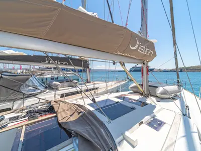 Deck of Aurelia, a Jeanneau Sun Odyssey 479 sailboat at Municipal Unit of Rhodes, Greece