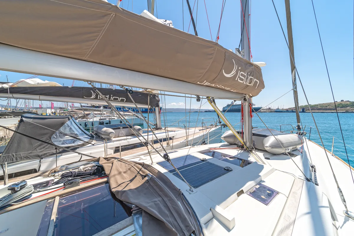 Deck of Aurelia, a Jeanneau Sun Odyssey 479 sailboat at Municipal Unit of Rhodes, Greece