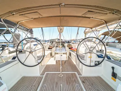 Cockpit of Aurelia, a Jeanneau Sun Odyssey 479 sailboat at Municipal Unit of Rhodes, Greece