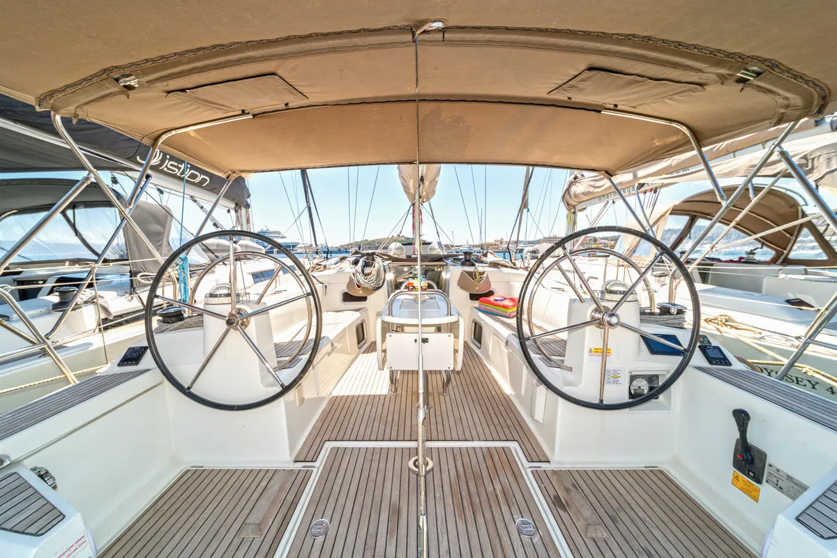 Cockpit of Aurelia, a Jeanneau Sun Odyssey 479 sailboat at Municipal Unit of Rhodes, Greece