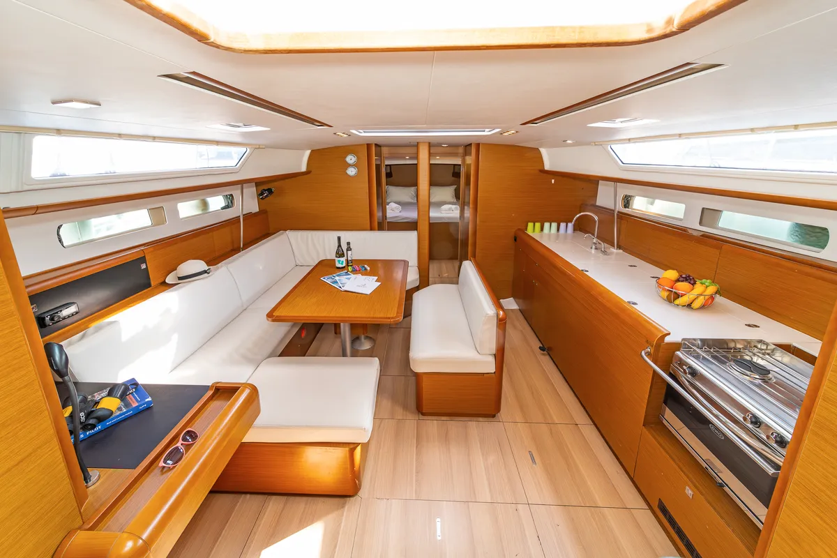 Salon of Aurelia, a Jeanneau Sun Odyssey 479 sailboat at Municipal Unit of Rhodes, Greece
