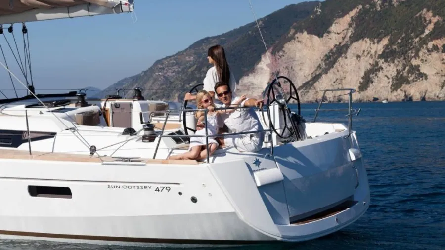 Exterior view of Aurelia, a Jeanneau Sun Odyssey 479 sailboat at Municipal Unit of Rhodes, Greece
