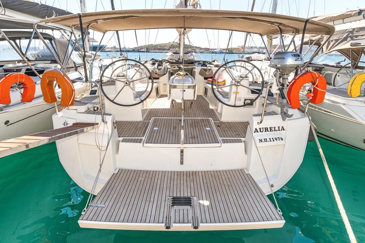 Exterior view of Aurelia, a Jeanneau Sun Odyssey 479 sailboat at Municipal Unit of Rhodes, Greece