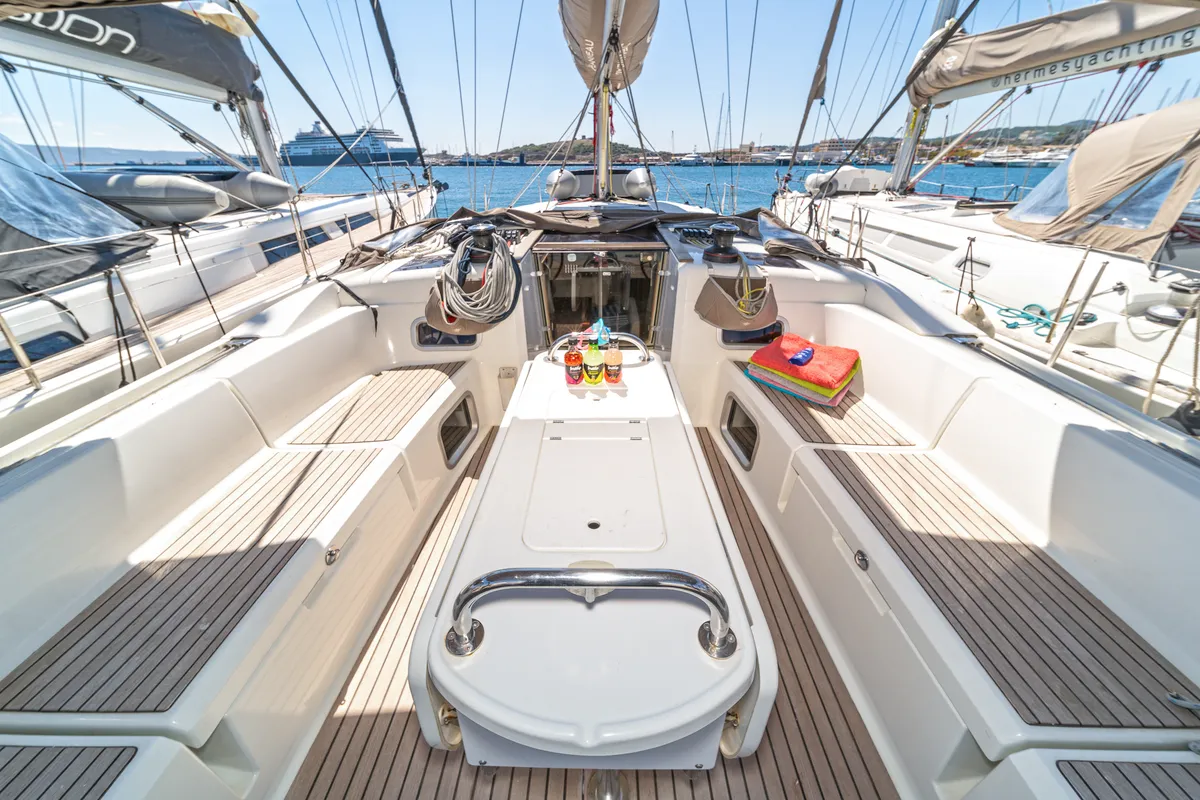 Deck of Aurelia, a Jeanneau Sun Odyssey 479 sailboat at Municipal Unit of Rhodes, Greece
