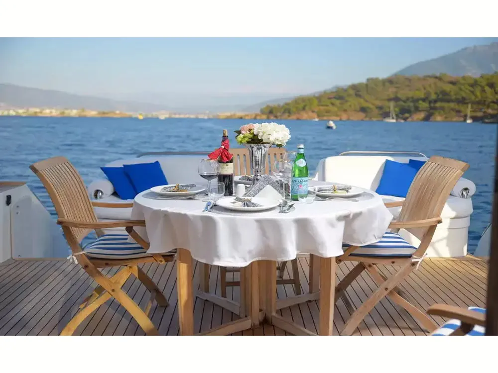 Deck of Sirocco, a Gulet Motoryacht motor yacht at Fethiye, Turkey
