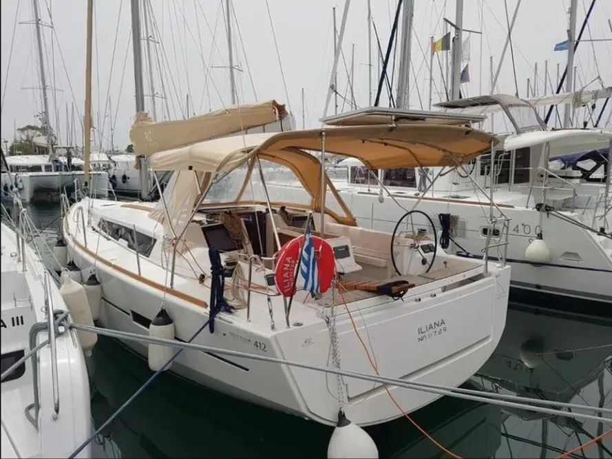 Exterior view of Iliana, a Dufour 412 GL sailboat at Kontokali, Greece