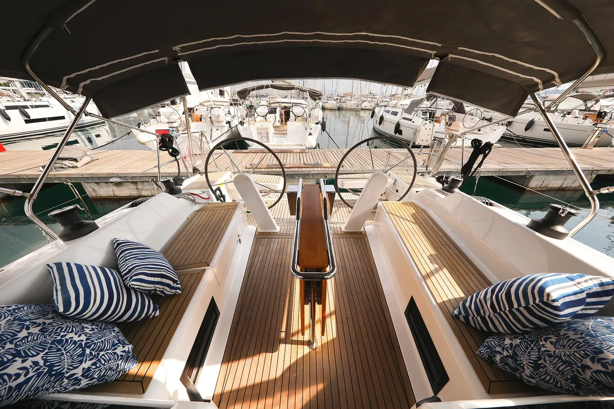 Deck of Blue Eagle, a Hanse 418 sailboat at Grad Kaštela, Croatia