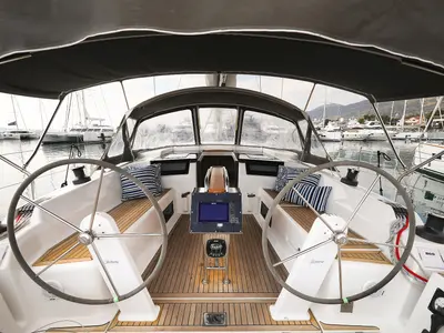 Cockpit of Blue Eagle, a Hanse 418 sailboat at Grad Kaštela, Croatia