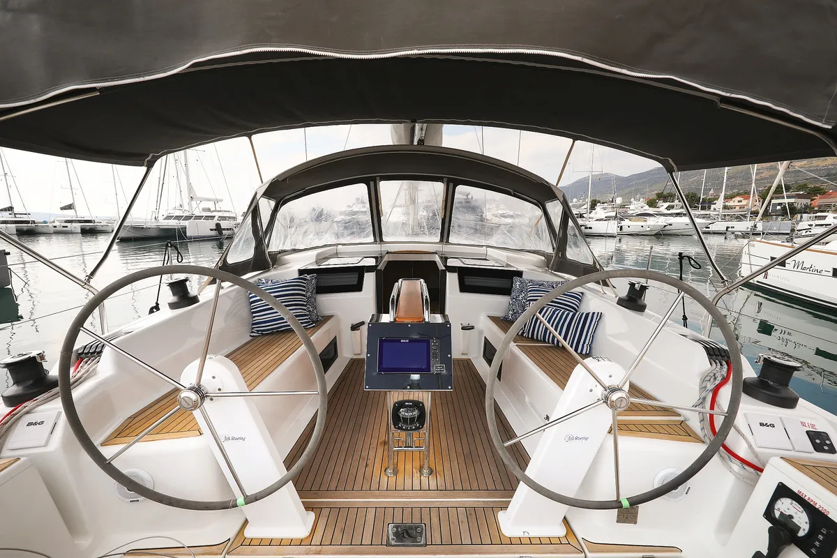 Cockpit of Blue Eagle, a Hanse 418 sailboat at Grad Kaštela, Croatia