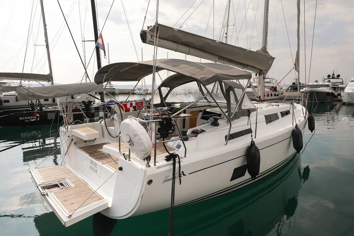 Exterior view of Blue Eagle, a Hanse 418 sailboat at Grad Kaštela, Croatia