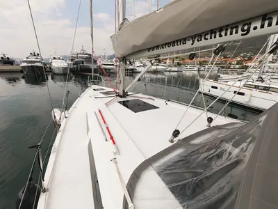 Deck of Blue Eagle, a Hanse 418 sailboat at Grad Kaštela, Croatia