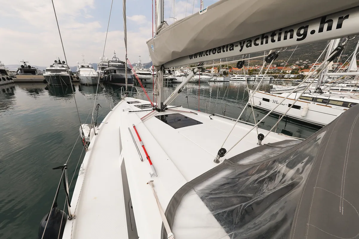 Deck of Blue Eagle, a Hanse 418 sailboat at Grad Kaštela, Croatia