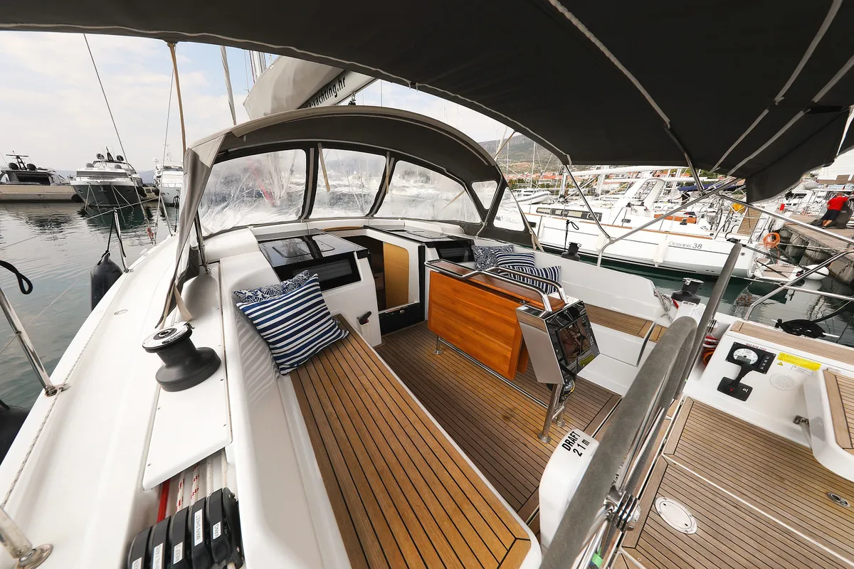 Deck of Blue Eagle, a Hanse 418 sailboat at Grad Kaštela, Croatia